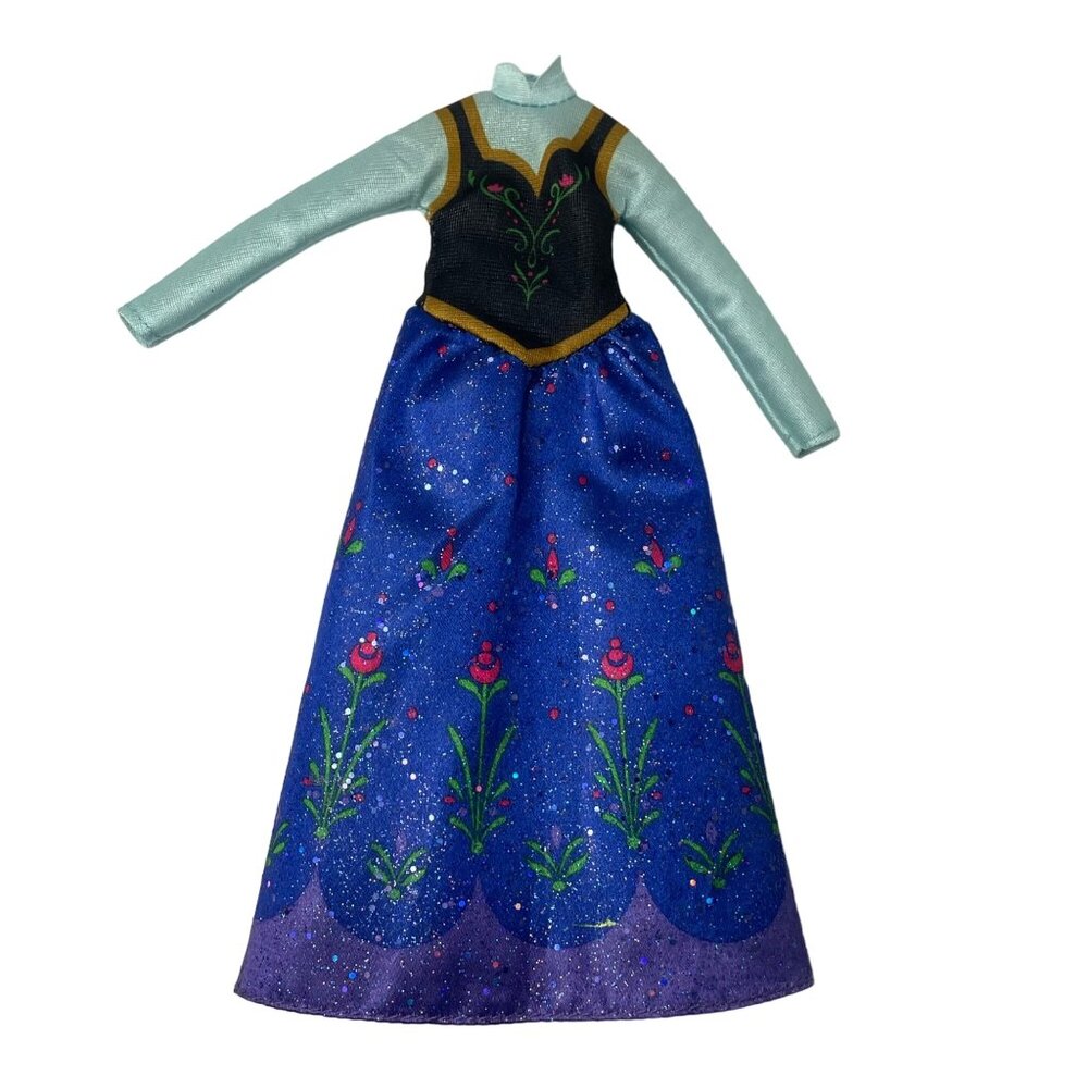 Disney Frozen Anna Doll Dress Costume Sparkly Blue Gown With Floral Pattern